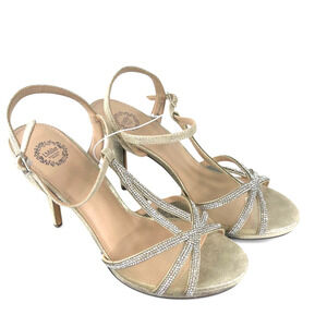 Gold Strappy Open Toe Pumps 4.5" Heels 11 Rhinestones Prom Bride Coquette Pagent